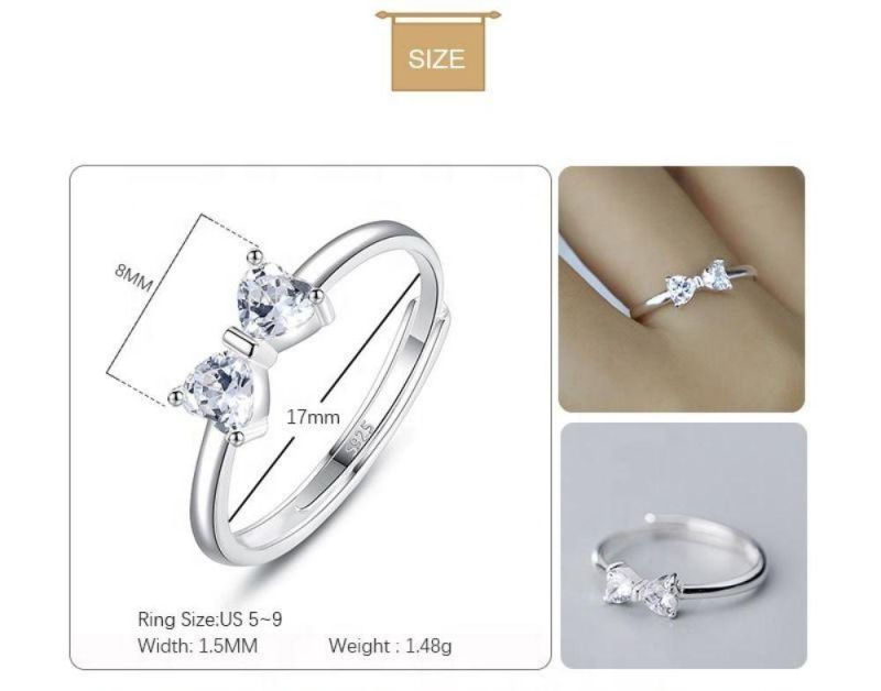 Real 925 Sterling Silver Ring Shiny Bowknot with Zircon Adjustable Ring Women Engagement Fashion Party Jewelry