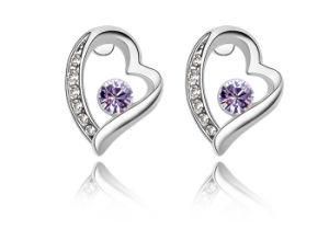 Authentic Austrian Purple Crystal 18k White Gold Plated Love Heart Stud Earrings Jewelry Jewellery