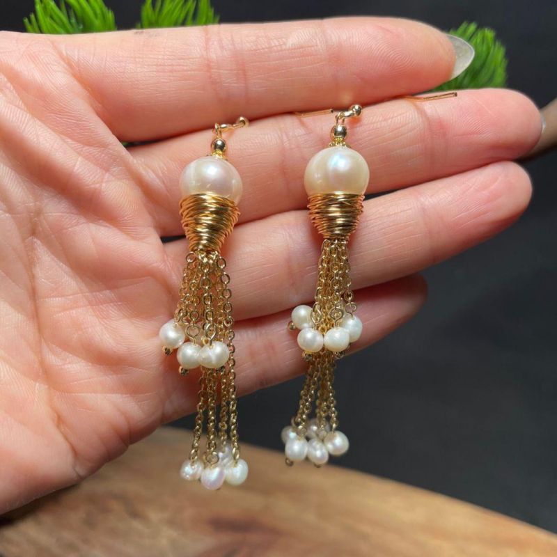 Fashion Jewelry Stone 14K Gold Lone Natural Pearl Tassel Pendant Hoop Earrings