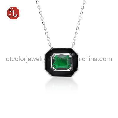 925 Sterling Silver Jewelry Emerald CZ Stones Black Enamel Pendant Necklace