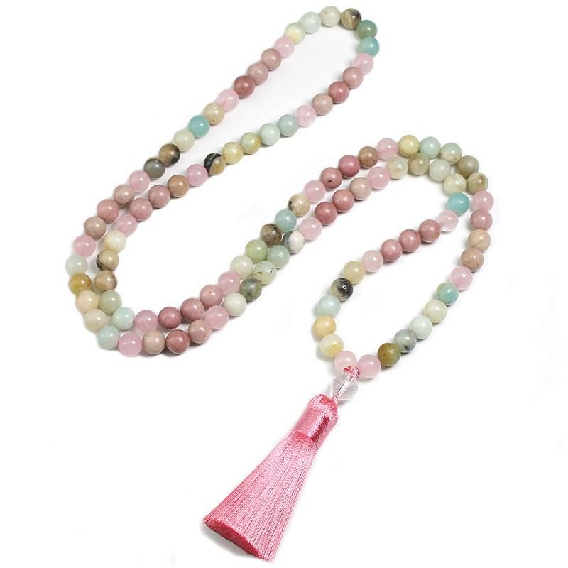 Natural 8mm Rhodochrosite Amazonite Beads Necklace Peaceful Heart 108 Bead Mala Jewelry Buddha Prayer Bracelet Necklace