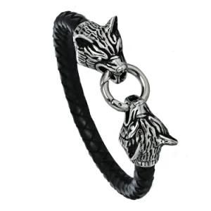 Men Jewelry Stainless Steel Double Wolf Braid Leather Bracelet