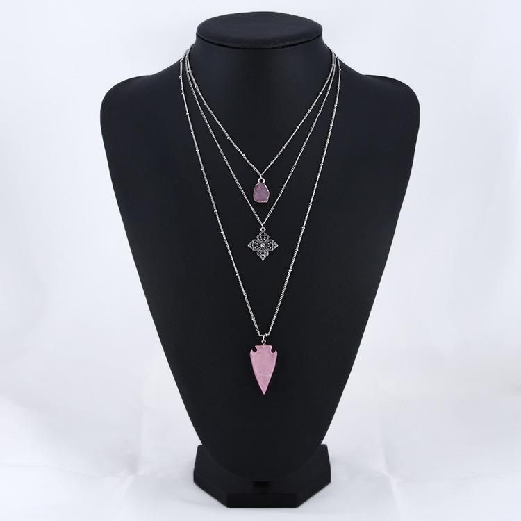 Long Multi-Layer Carved Diamond-Studded Pink Natural Stone Necklace