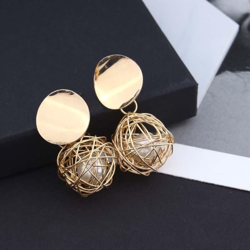 Women Golden Color Round Ball Geometric Earrings Fashion Jewelry Stud Earrings