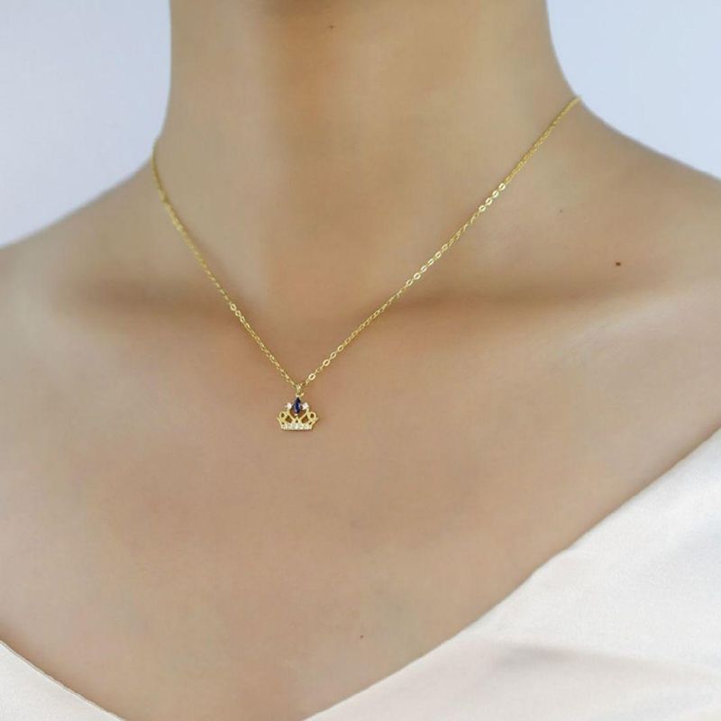 925 Sterling Silver 14K Gold Plated Crown Color Crystal Pendant Clavicle Chain Necklace Women Party Fashion Jewelry