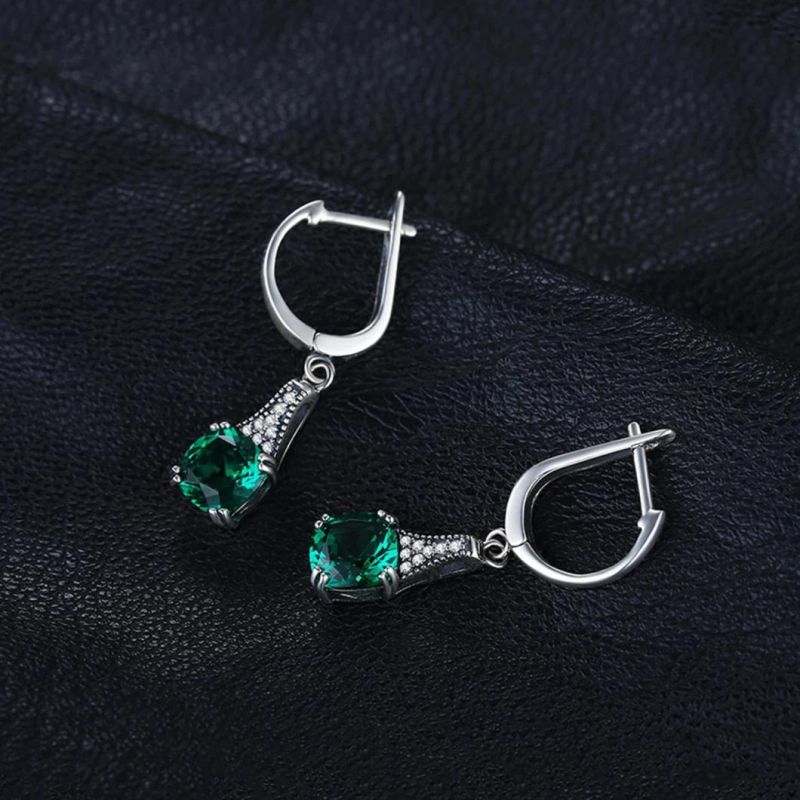 Vintage Cushion Nano Russian Simulated Emerald Dangle Earring 925 Sterling Silver Jewelry