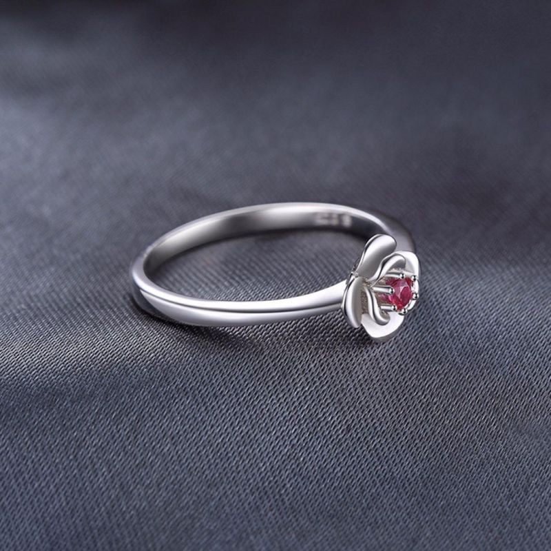 Rose in Bloom Round Red Created Ruby Ring Promise Love Jewelry 925 Sterling Silver Jewelry