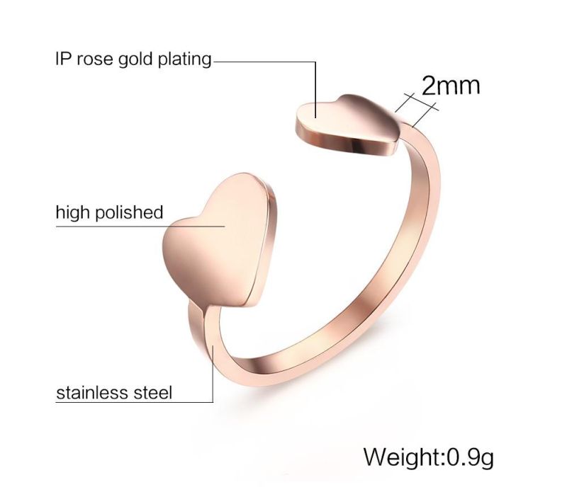 Stainless Steel Heart Rose-Gold Plating Opening Adjustable Size Ring for Girl
