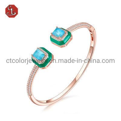 Hot sale 925 silver rose plated CZ pave Green Color Enamel Special half nature stone Bangle fashion jewelry zircon Bracelet bangle