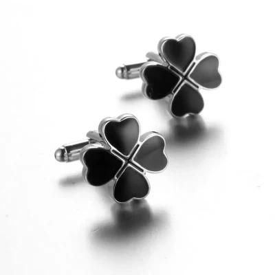 Lucky Four Leaf Clovers Black Silver Shirt Cufflinks