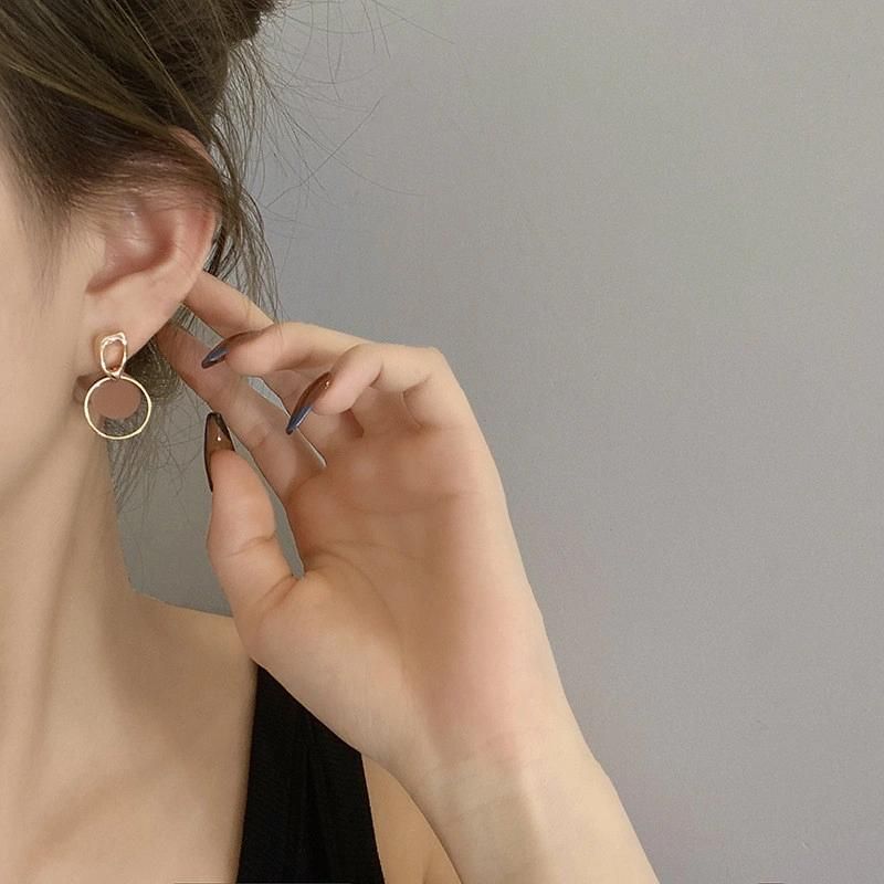 Wholesale Korean Design Stylish Alloy Irregular Shape Stud with Painted Blue Brown Stamping Round Link Drop Earrings