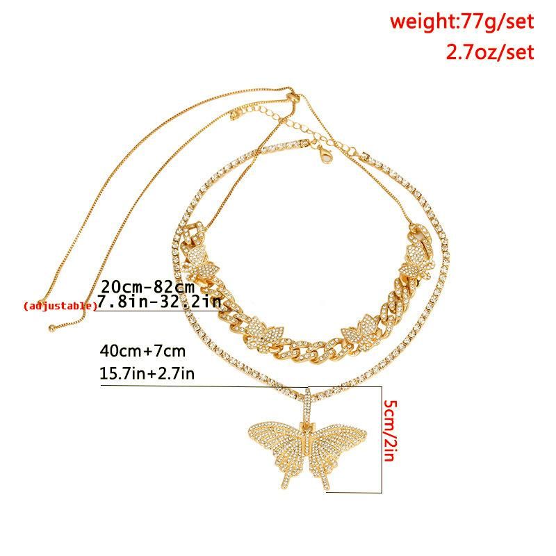 Big Butterfly Lock Pendant Multilayer Necklace Rhinestone Chain for Women