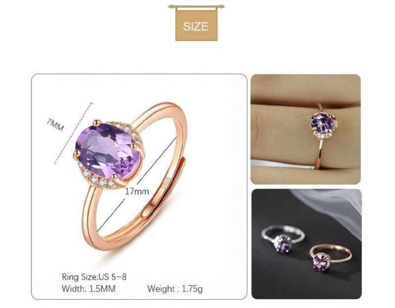 925 Sterling Silver Ring 7mm Purple AAA Zircon Adjustable Ring for Women Wedding Engagement Fine Jewelry
