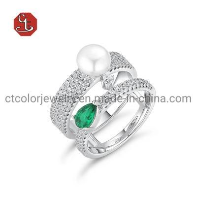 Emerald Created Stone Silver Rings Fashion Natural Pearl Jewelry Freshwater Pear Ring