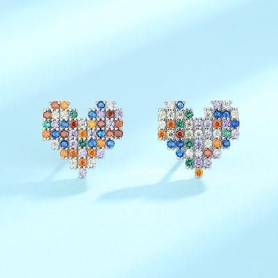 Fashion 925 Silver Heart Earring with Colorful Zircon Jewelry for Wholesale