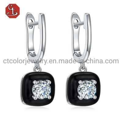 Fashion Jewelry 925 Silver Black Enamel Beauty CZ Earrings For Women