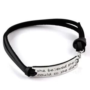Motivational Leather Bracelet - Inspiration Engraved Logo Message Words Charm Leather Bracelet