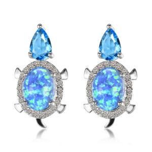 Australia Blue/Green Fire Opal Sea Turtle Stud Earrings 925 Sterling Silver/Brass Birthstone Jewelry Gift