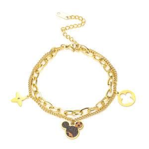 Mouse Head Pendant Double Chain Bracelet Charm Rose Gold Bracelets &amp; Bangles Women Stainless Steel Bracelet Custom