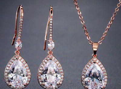 Pear CZ Stone Necklace Wedding Jewelry, Bridal CZ Jewelry Set, Bridesmaid Jewelry Set, Rose Gold Earring Neckalce Jewelry