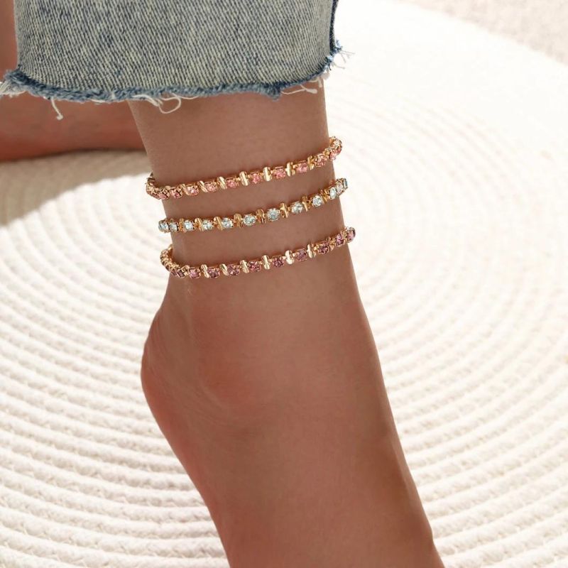 Simple and Sweet Pink Claw Chain Copper Buckle Foot Ornaments Multi-Layer 3-Piece Crystal Set Anklet