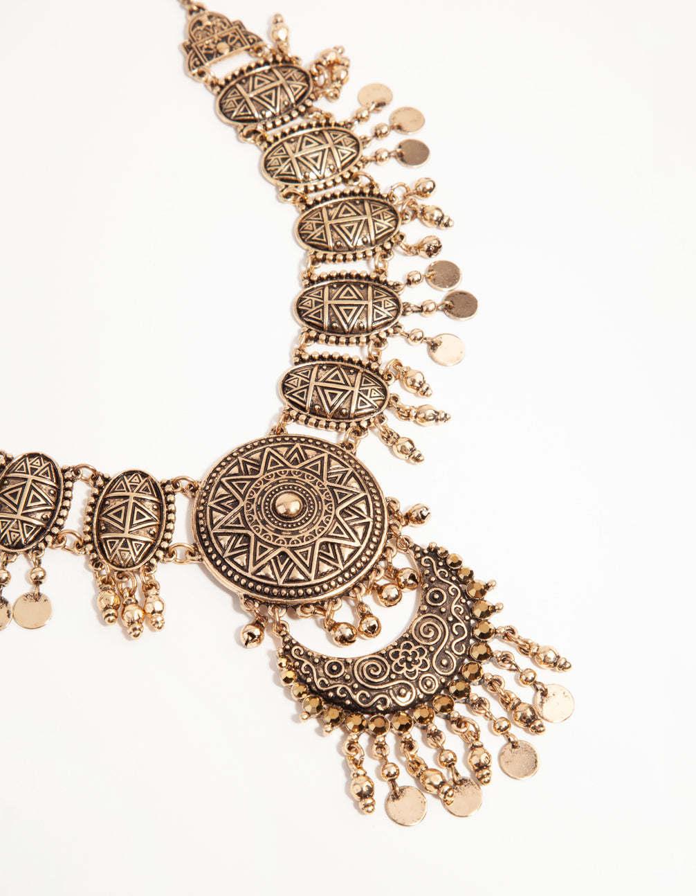 Antique Gold Chunky Statement Round Textured Discs with Teardrop Dangles Bib Necklace for Women