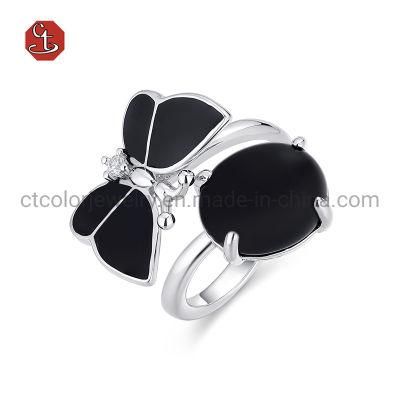 Women Fashion Jewelry Black Butterfly 925 Silver Enamel Ring Shape Finger Ring