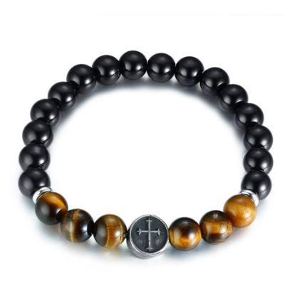 16.5 Cm Titanium Steel Accessories Tiger Eye Stone Black Agate String Beads Bracelet Men&prime;s Cross Bracelet