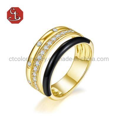 Cubic Zircon Black Enamel Silver or Brass Ring Gold Color Custom Enamel Jewelry