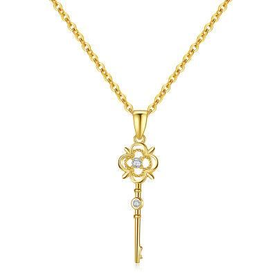925 Sterling Silver Zircon Vintage Key Pendant 14K Gold Plated Necklace Women Fashion Jewelry
