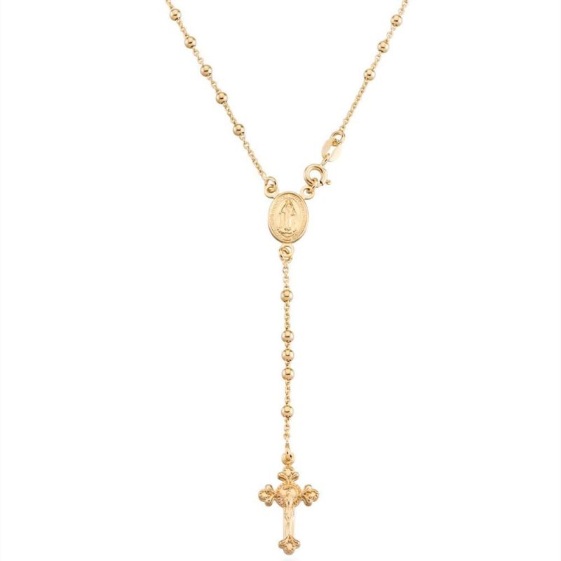 Fashion Hot Sell Stainless Steel Jewelry Gold Plated Two-Tone Beaded Necklace Cross for Religious Long Adjustable Necklace