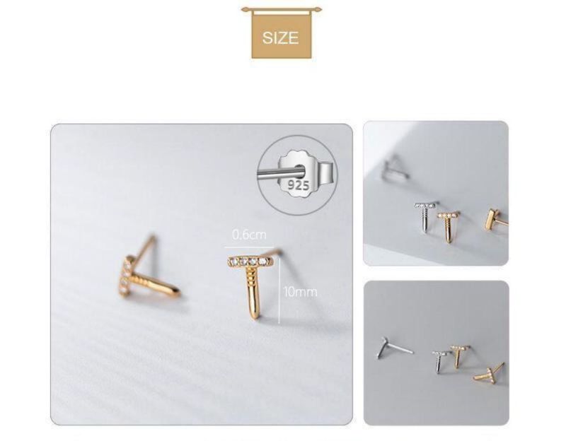 Real 925 Sterling Silver Simple Screw T Shape Zircon Stud Earrings for Women Party Personality Jewelry