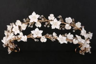 Gold Crystal Hair Comb Hair Vines Headband. Bridal Wedding Crystal Ceramic Flower Tiara