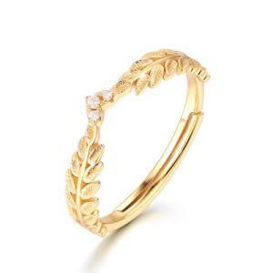 New Design Simple Gold Plated 925 Sterling Silver Olive Leaf Adjustable Zircon Ring