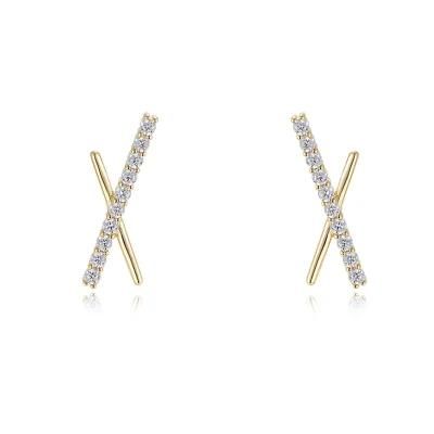 16.5mm Minimalist S925 Sterling Silver CZ Long Bar Symmetric Cross X Stud Earrings Welcome for All Ages