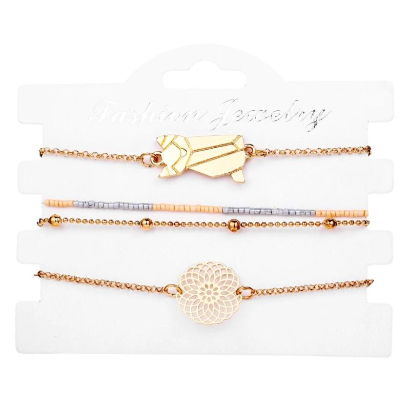 Fashion Jewelry Gold Multi-Layer Alloy Bracelet with Hollowed-out Pattern and Cat Charm