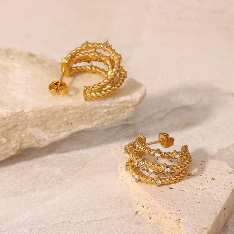 Factory Wholesale Custom Fashion High-End Jewelry PVD 18K Gold-Plated Stainless Steel Three Wire Tube Three Hoop Gold Earrings