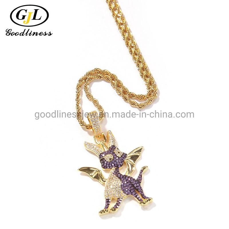 Custom Gold Filled Cubic Zirconia Cartoon Dragon Pendant Necklace Design