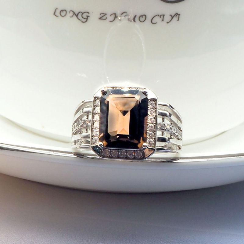 Fashion Jewelry 925 Sterling Silver Jewelry Men′s Ring with Gemstone Smoky Quartz