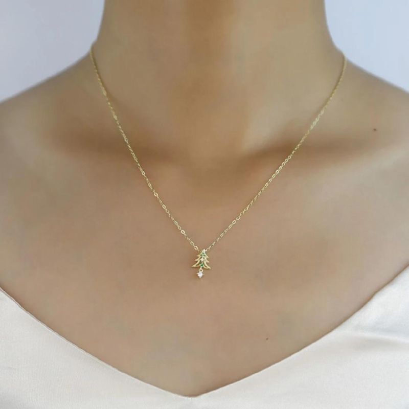 925 Sterling Silver 14K Gold Plated Christmas Tree Pendant Necklace Women Color Crystals Christmas Jewelry