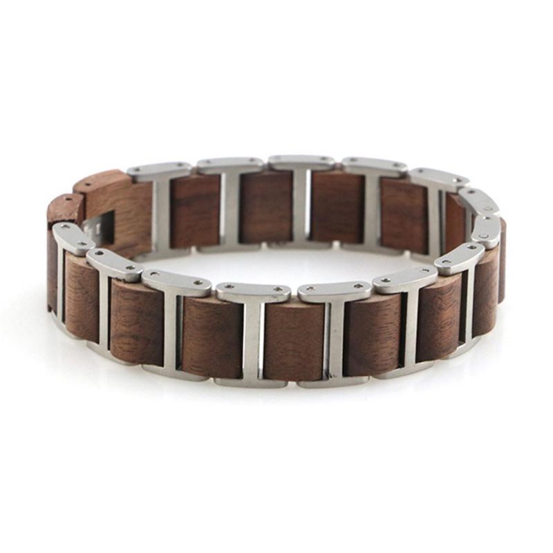 Fashion Natural Wood Stainless Steel Men Bracelet Jewelry