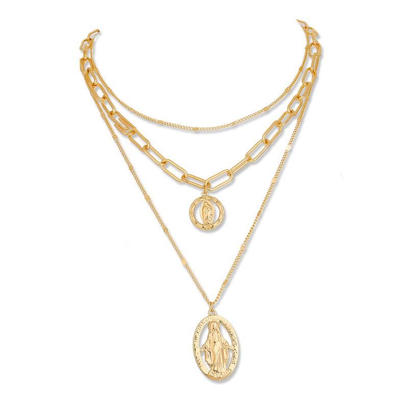 Wholesale European America Stylish 18K Gold Plated 3 Rows Link Chain Head Pendant Layered Necklace