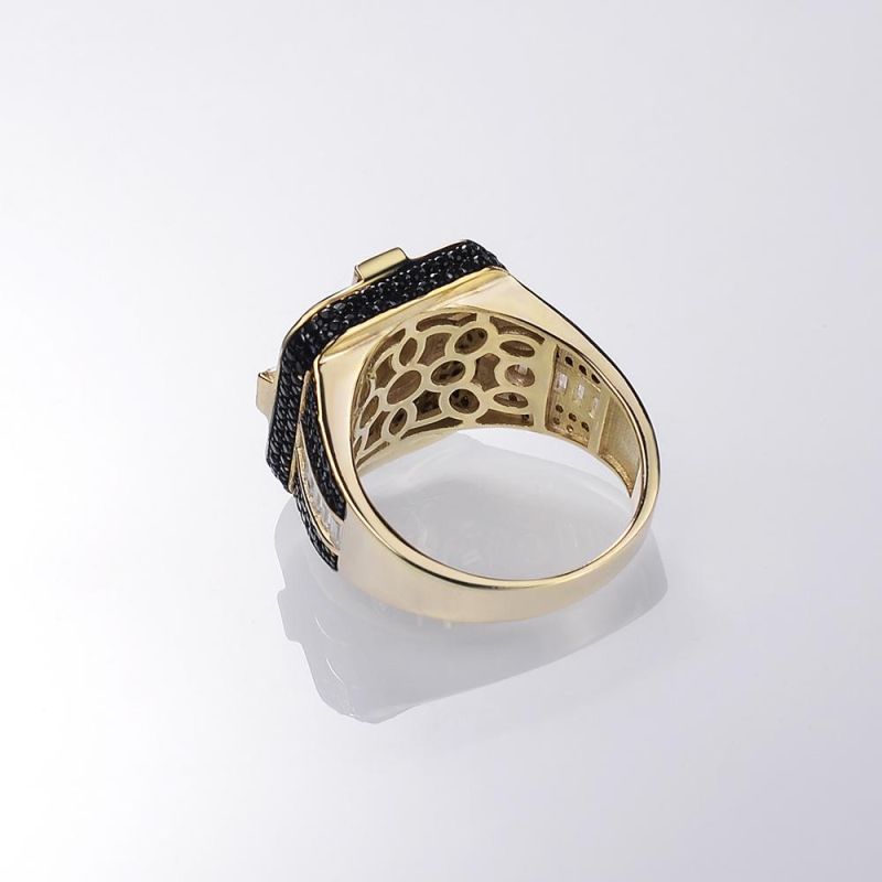 New Arrival 925 Sterling Silver Jewelry 18K Gold Plated Iced out Cubic Black Zirconia Baguette Hip Hop Ring for Men