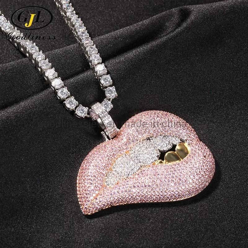 Hip-Hop Jewelry Pink Lips with Gold Teeth Pendant Necklace