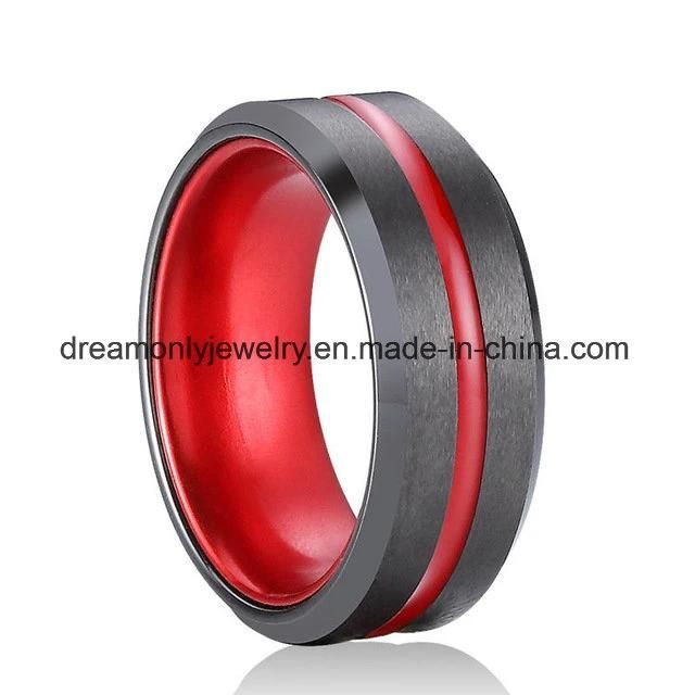 Engraved 8mm Black Ceramic Rings with Red Stripe Inner Band Beveled Edges Comfort Fit Men