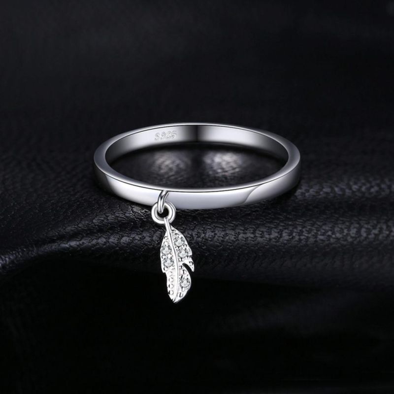 Fashion Jewellery Dangle Leaf Charm Feather Ring 925 Sterling Silver Jewelry Wholesale