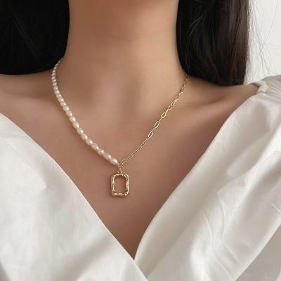 Chain Link Pearl Beaded Irregular Square Pendant Necklace