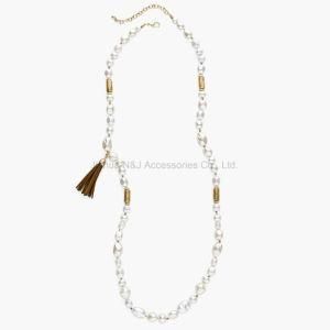 Pearl Beads Necklaces with Pendant Leather Tassel Handmade Necklace