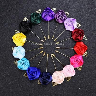Hot Selling Satin Fabric Rose Flower Decoration Accessories Men&prime;s Lapel Pins