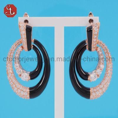 Black Enamel Oval Earring Pave 3A CZ Brass or Silver Earring Sterling 925 Silver Jewellery